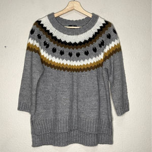 𝅺H&M Sweater Gray Cream Brown Knit Fair Isle Pullover Crew Neck Staple Winter